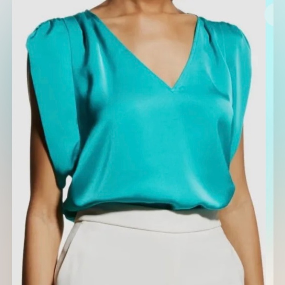 Ramy Brook Women's Teal Blue Satin Dolman Sleeve V-Neck Blouse Top Size XXS
